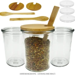 Becherglas mit Bambusdeckel und Löffel, 3er Set