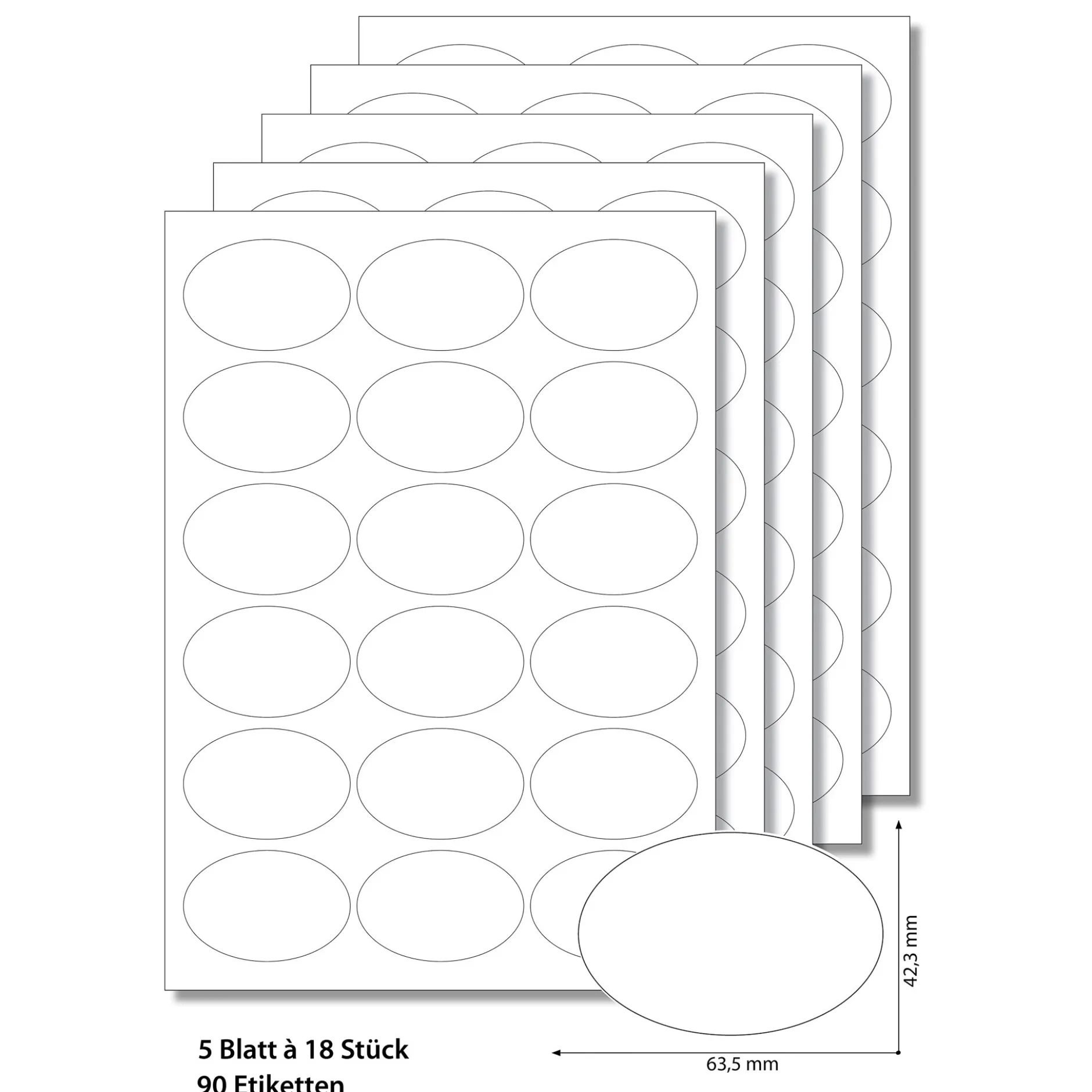 Etiketten oval 63,5 x 42,3 mm weiß - 5 Blatt A4