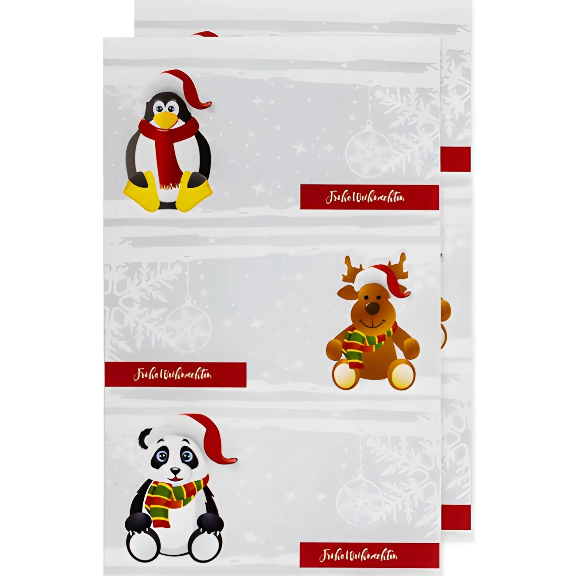 Weihnachtsetiketten 'Pinguin, Elch, Panda' 78 x 41 mm, 6 Stück